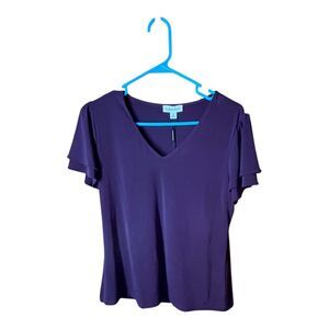 Calvin Klein Purple Flutter Sleeve V-Neck Blouse Elegant Office Work Top Size M